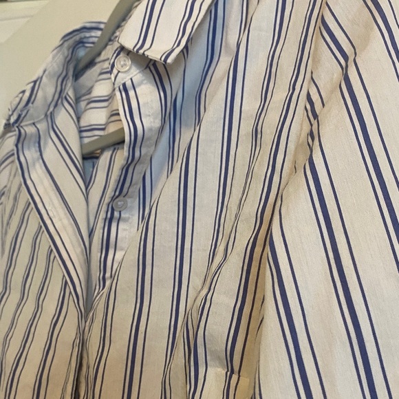 Minimalist boho business casual button up Nine West Blue and White Striped Shirt - Picture 3 of 6
